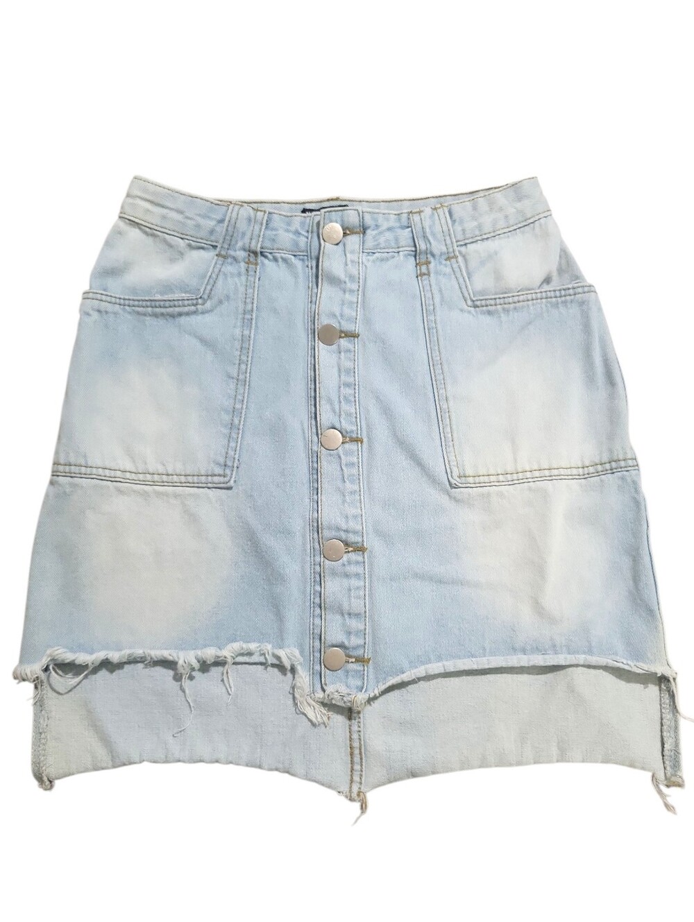 Nasty Gal High-Low Denim Mini Jean Skirt Size 6 Button Down Raw Hem Light Blue - Picture 2 of 9